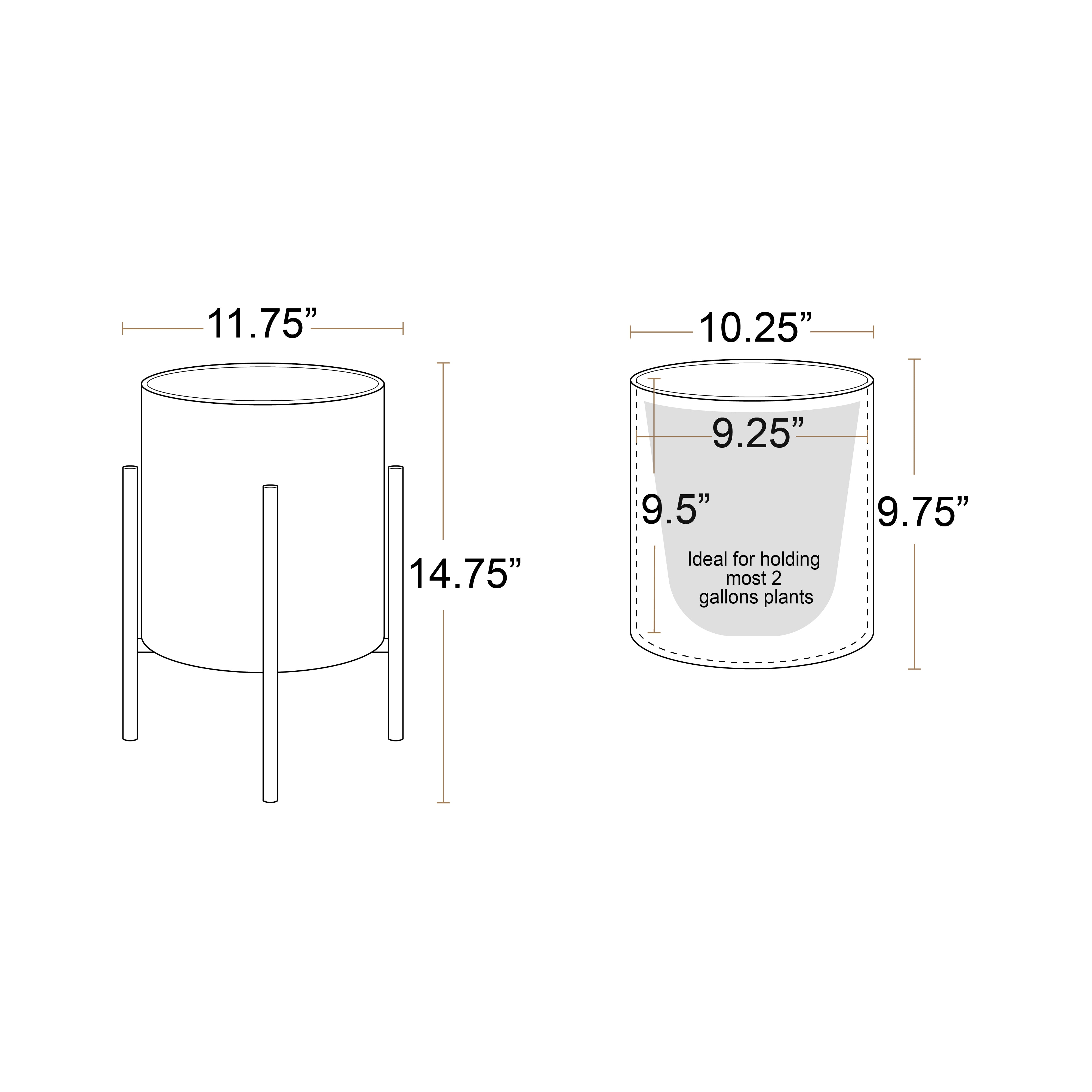 Everett Black Mid-Century Modern Indoor Metal Pot Planter with 4-Leg Metal Base - 14.75" H x 11.75" W