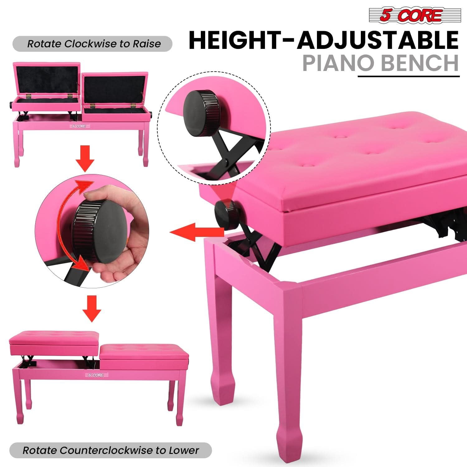 Duet Piano Bench 3.5 Inch Padded Stool with Storage | Adjustable Height Wooden Keyboard Seat | Spill-Resistant Cherry Finish | Heavy Duty Musician Chair for Double Keyboard