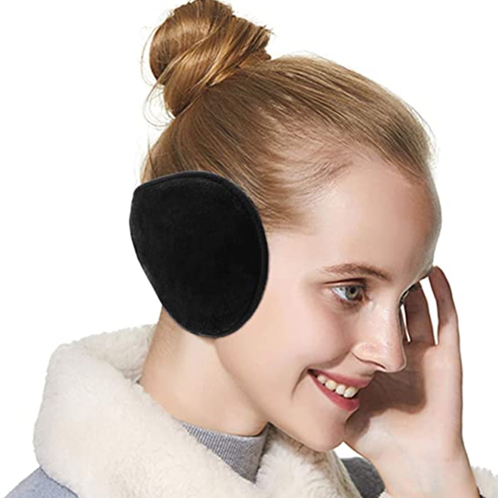 Red fleece ear muffs warmers behind head under hair fold up adjustable 