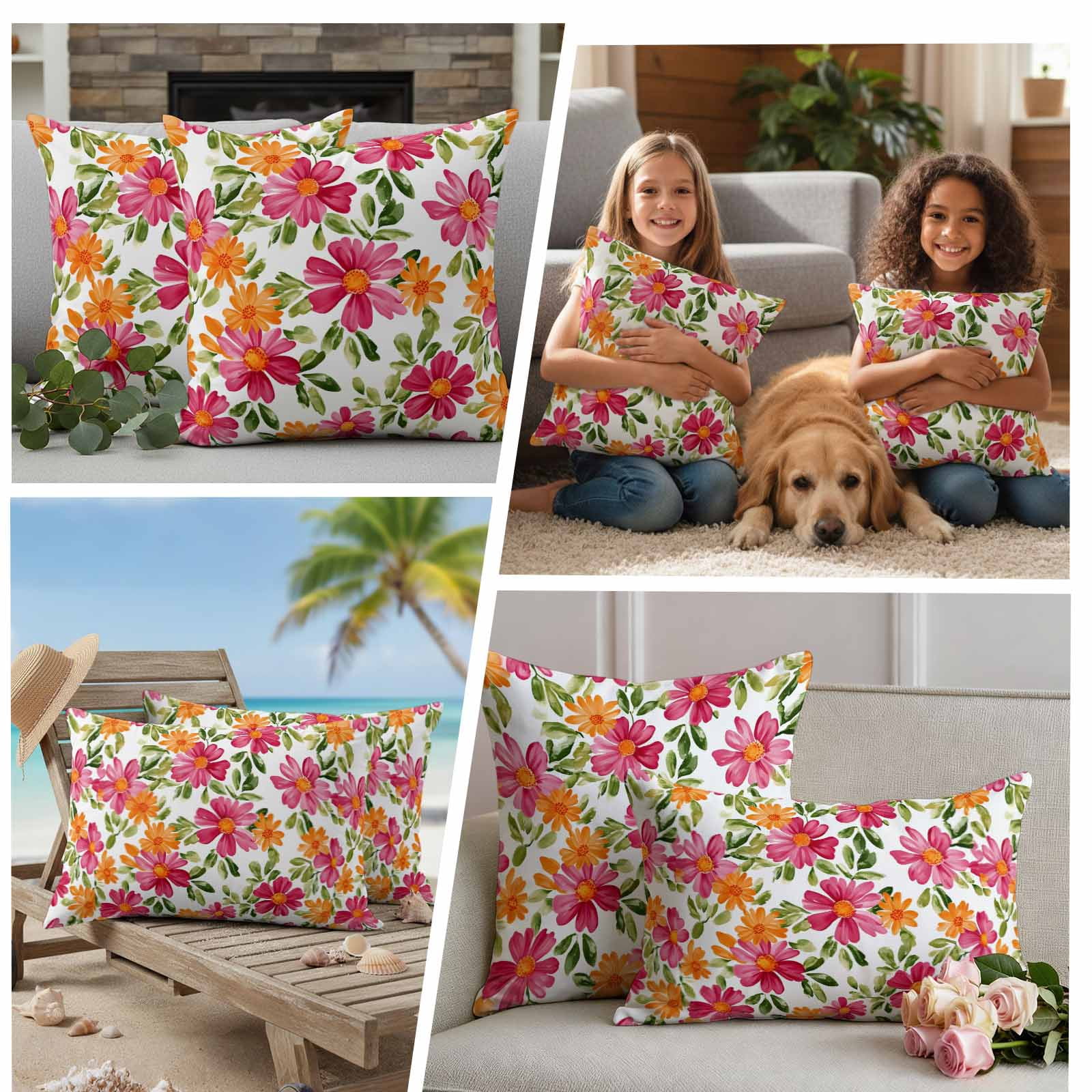 Pack of 2 Outdoor Pillow Covers 26x26 Inch Waterproof Pink Orange Floral Throw Pillow Covers,Decorative Couch Pillow Shams Protectors Spring Blossom Botanical Flowers Patio Pillowcases Cushion Covers