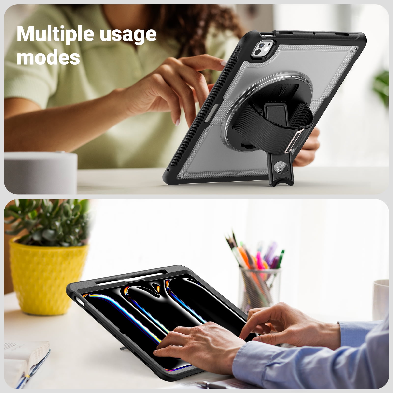 ELEHOLD Case for Apple iPad Pro 13 2024,Soft TPU Rugged Durable Case with 360° Rotating Hand Strap & Foldable Hidden Stand & Pencil Holder,Clear