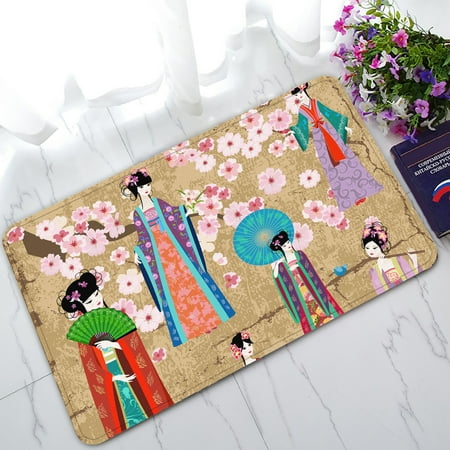 Doormat Costume YKCG Oriental Girl in Chinese Costume Pink Floral Cherry Blossom Doormat Indoor/Outdoor/Bathroom Doormat 30x18 inches ()