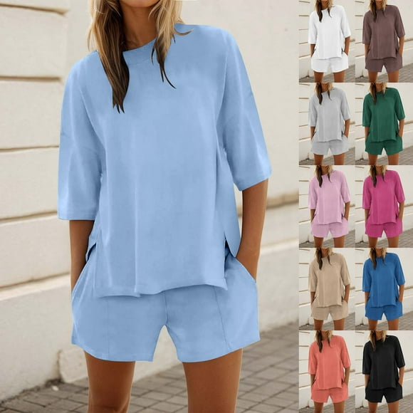 Short Set Short Sleeve Solid Crew Neck Side Slit Loose T Shirt Shorts Matching Set Black M
