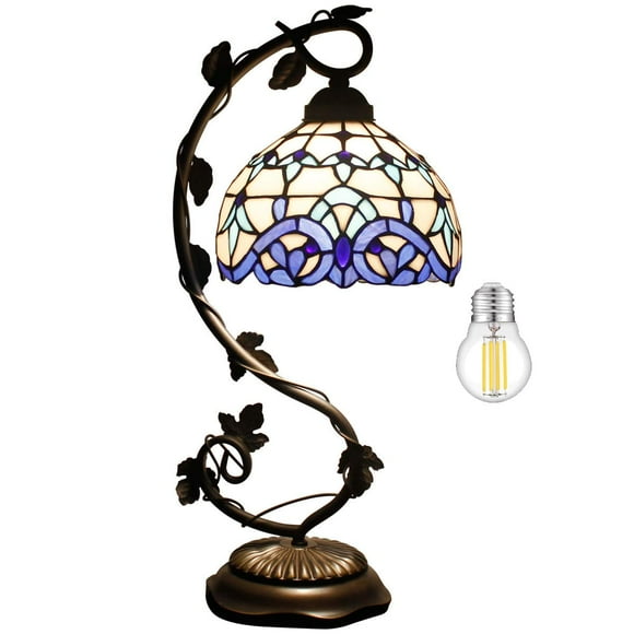 WERFACTORY Bedside Lamp Tiffany Style White Blue Stained Glass Table Lamp Reading Desk Light Metal Leaf Thin Base 8X10X21 Inches Decor Small Space Bedroom Home Office LED Bulb Included S003B Series