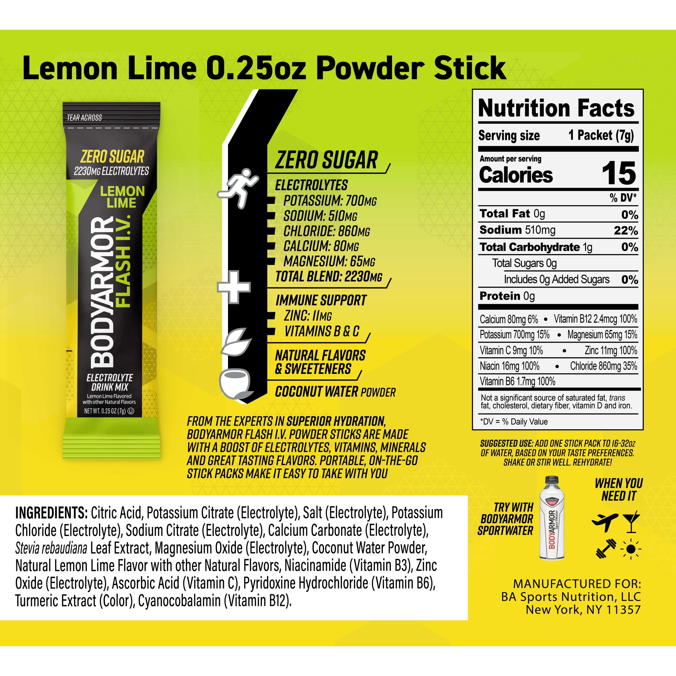 BODYARMOR Flash I.V. Lemon Lime Zero Sugar Electrolyte Powder Mix, 0.25 dry oz, 15 Pack