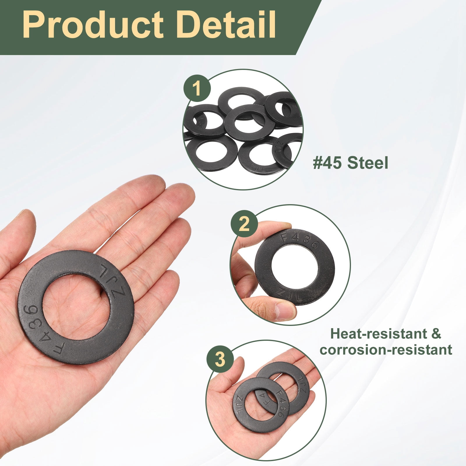 10 Pcs 1-1/4" Black Flat Washers, 62mm Outer Diameter, 45 Steel Metal Washer for Screws and Bolts