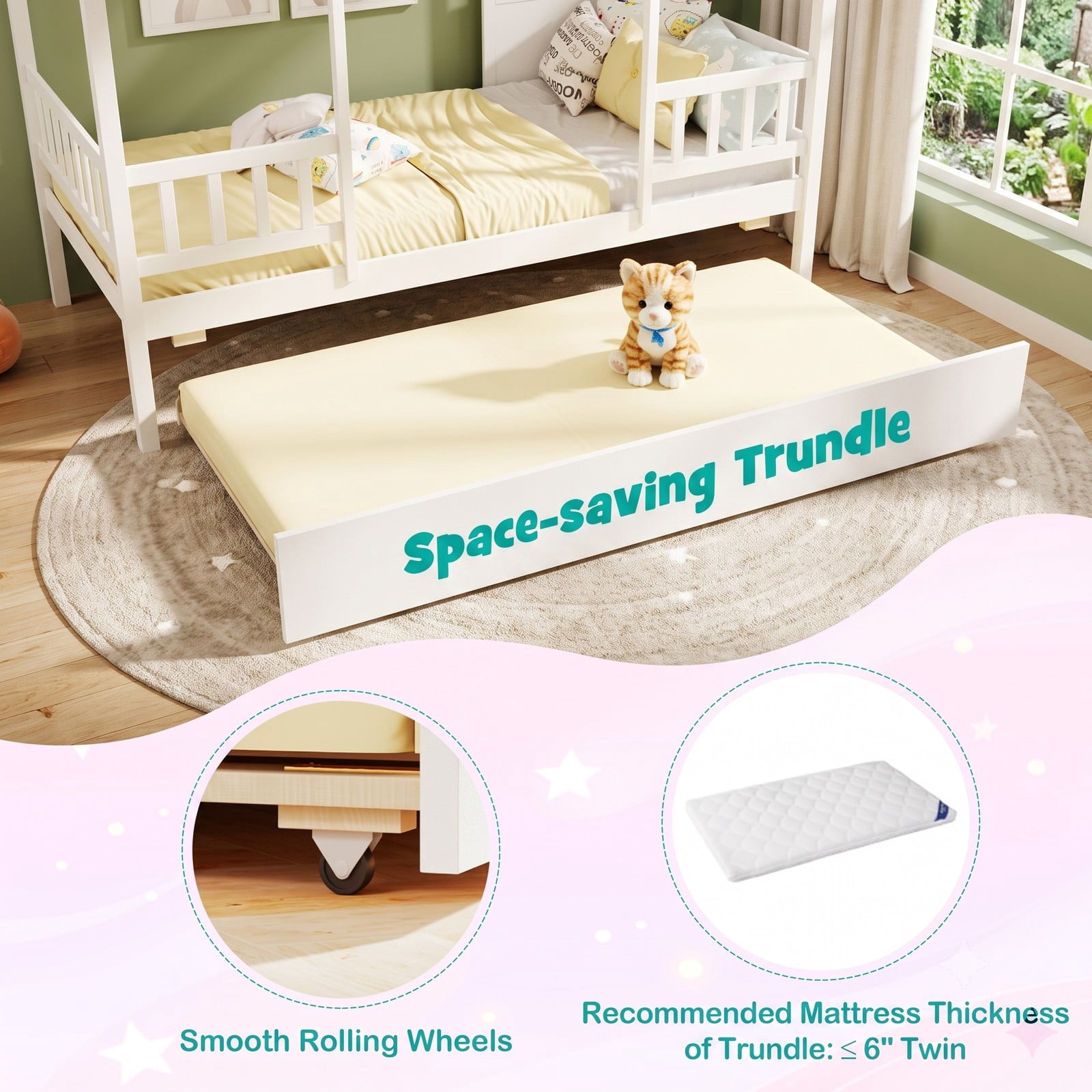 Furnibear Twin Size House Bed Frame with Trundle and Roof and Guardrail for Kids Bedroom, Space-Saving Platform Bed, White