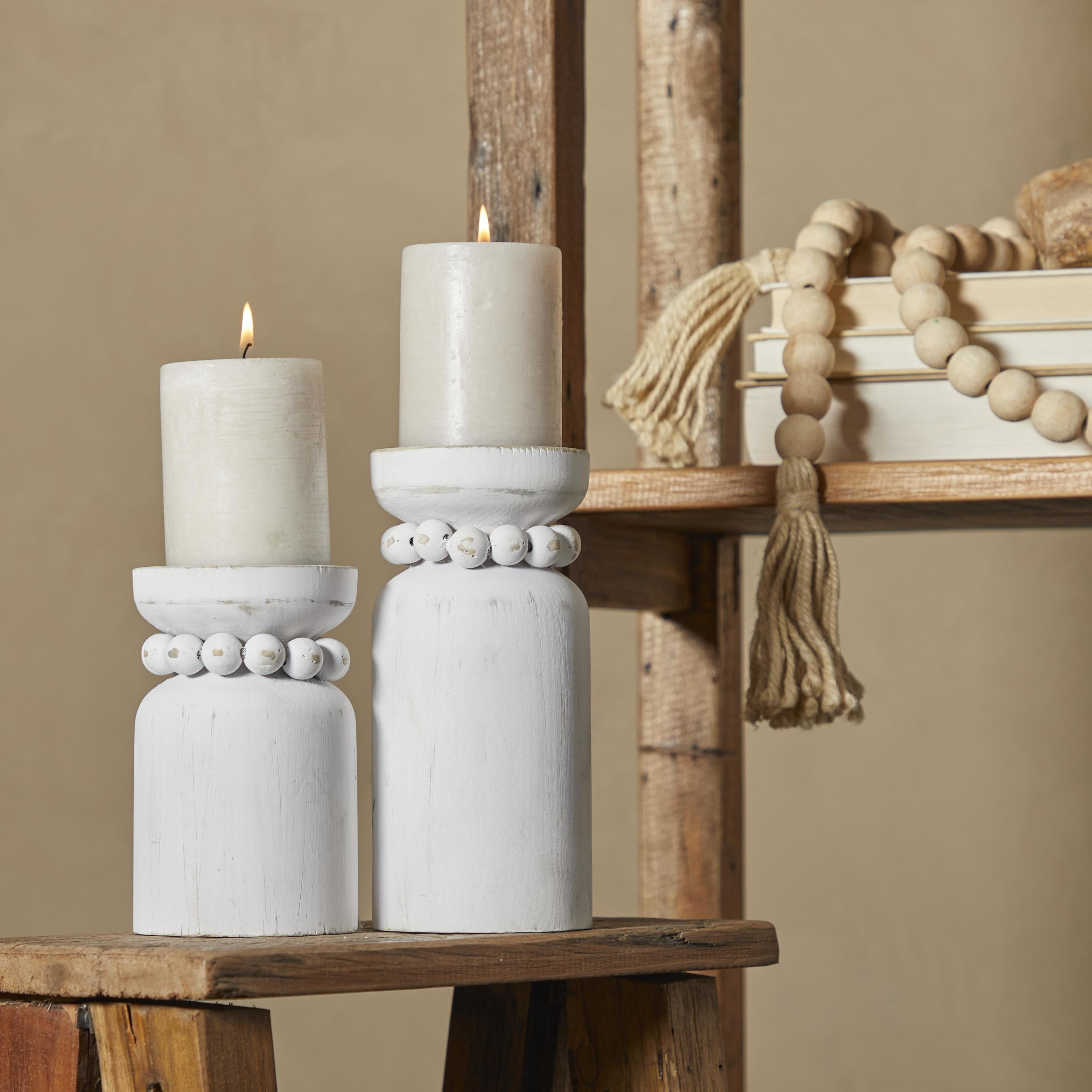 DecMode 2 Candle White Wood Beaded Pillar Candle Holder, Set of 2