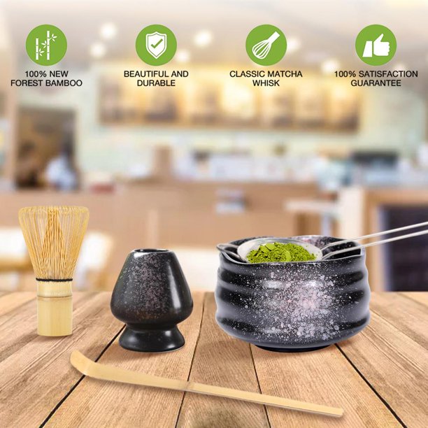 de acero inoxidable de 5 uds, de bambú tradicional (Chashaku), soporte de de cerámica, juego de Matcha para la del japonés C eCuenco negro perfecl Soporte para batidor Matcha
