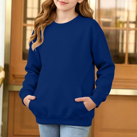 LOINRODI Girls Solid Crew Neck Sweatshirt Loose Pocket Soft Long Sleeve Fall Casual Kids Pullover Navy 5-14 Years