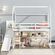 Pinovk Twin Size Wood House Loft bed with Slide, Storage shelves and Light, White