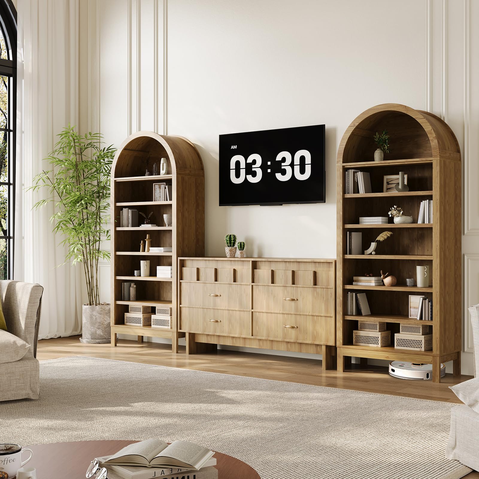 Litake 71in Tall Arched Shoe Cabinet, 7-Tier Wooden Shoe Rack with Adjustable Shelves, Freestanding Display Shelf Storage Organizer for Entryway Hallway Living Room, Natural
