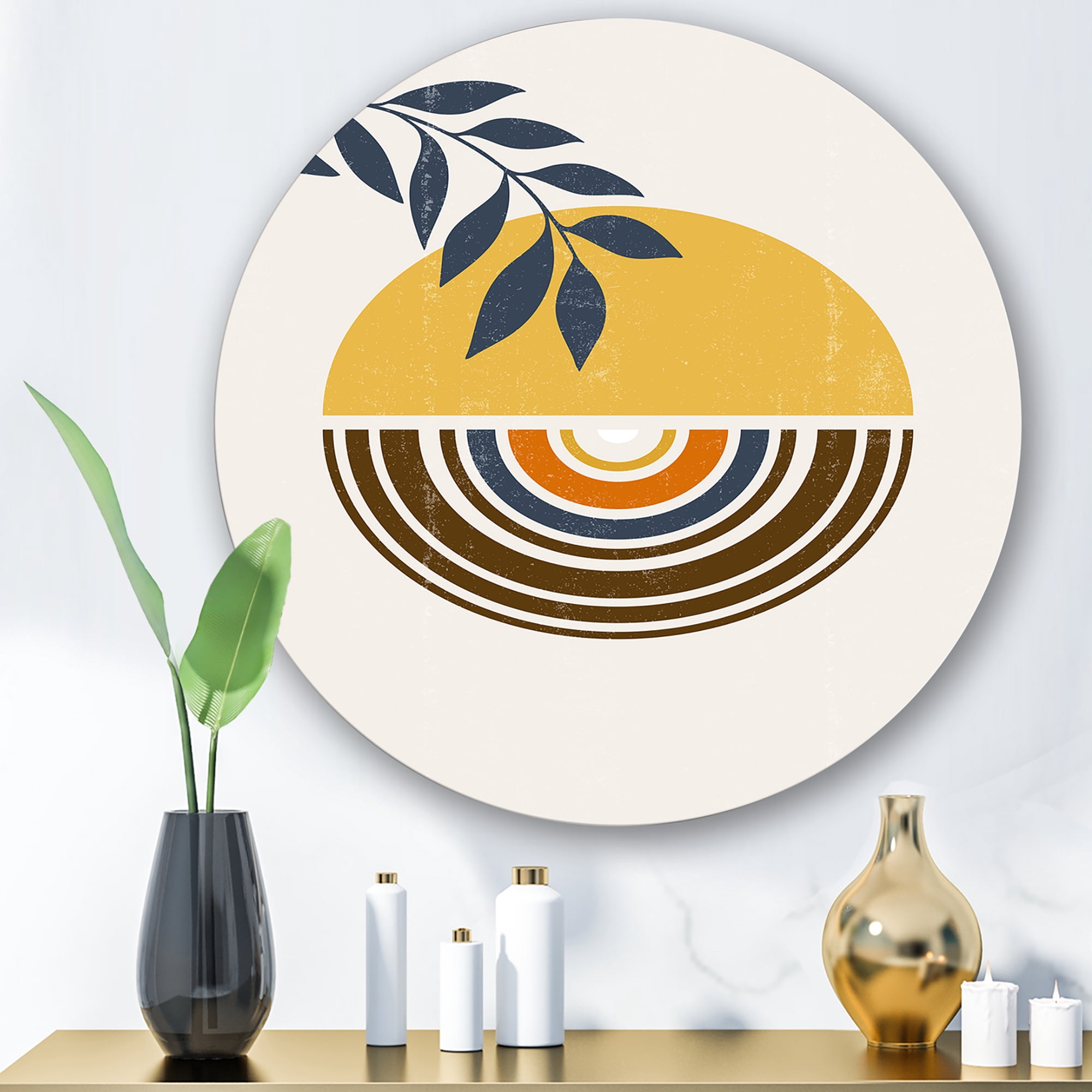 Designart 'Abstract Sun and Moon Leaves ' Modern Circle Metal Wall Art 11x11 - Disc of 11