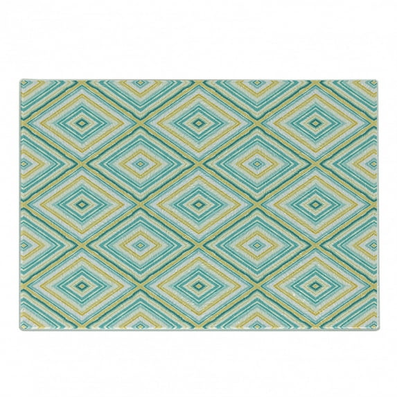 Aqua Cutting Board, Square Rhombus Lines with Torn Paper Effect Pattern in Fresh Spring Colors, Decorative Tempered Glass Cutting and Serving Board, Small Size, Turquoise Yellow White, by Ambesonne