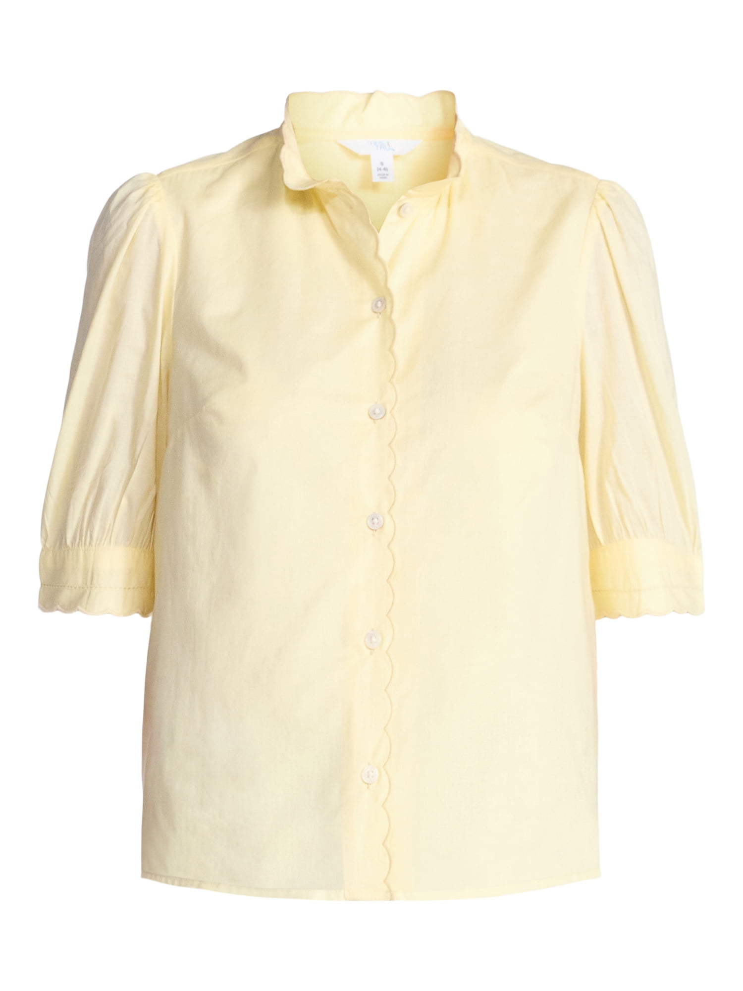 Time and Tru Women's Cotton Scalloped Edge Blouse with Short Sleeves, Sizes XS-XXXL
