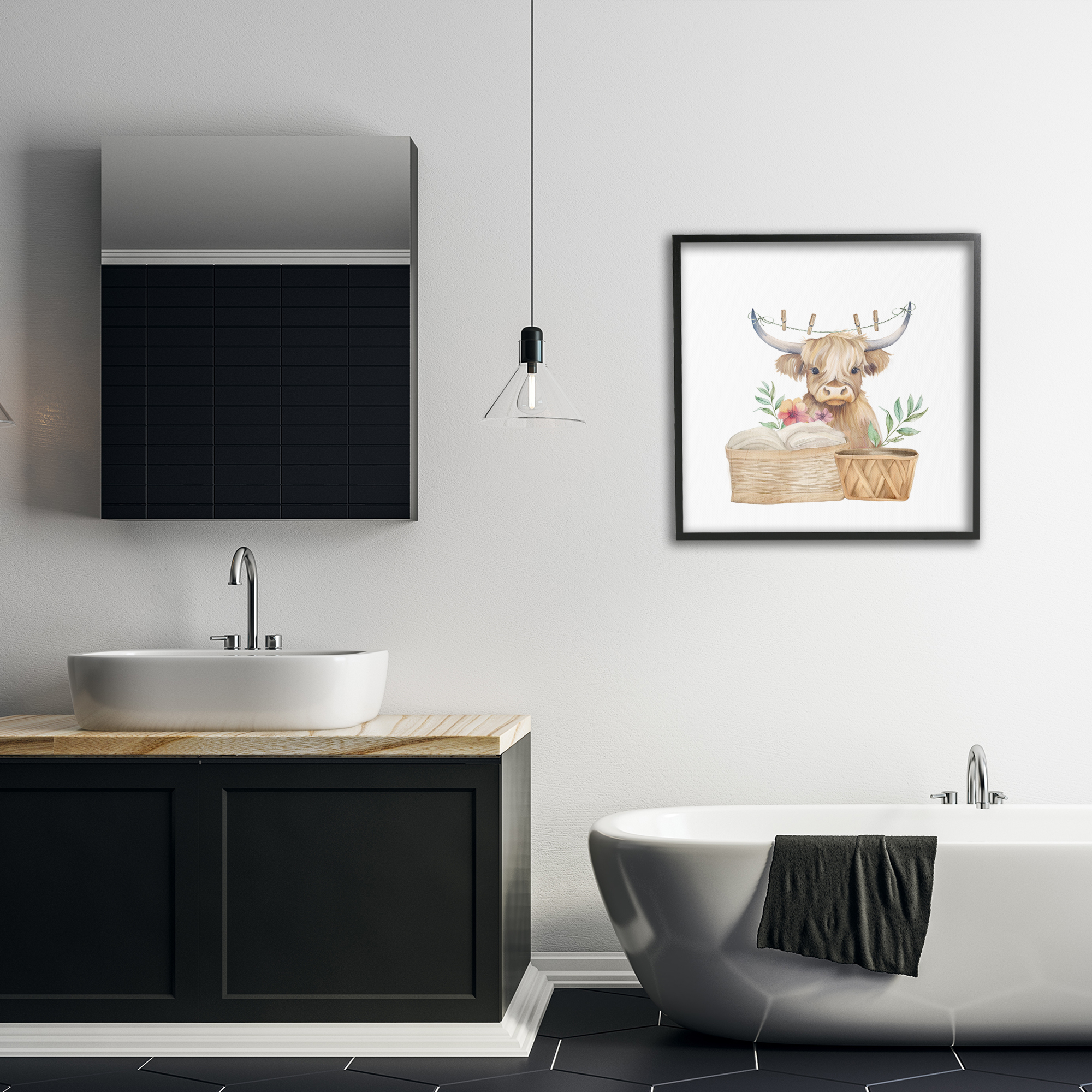 Laundry Day Baby Cattle Black Framed Giclee Art, design by Kim Allen