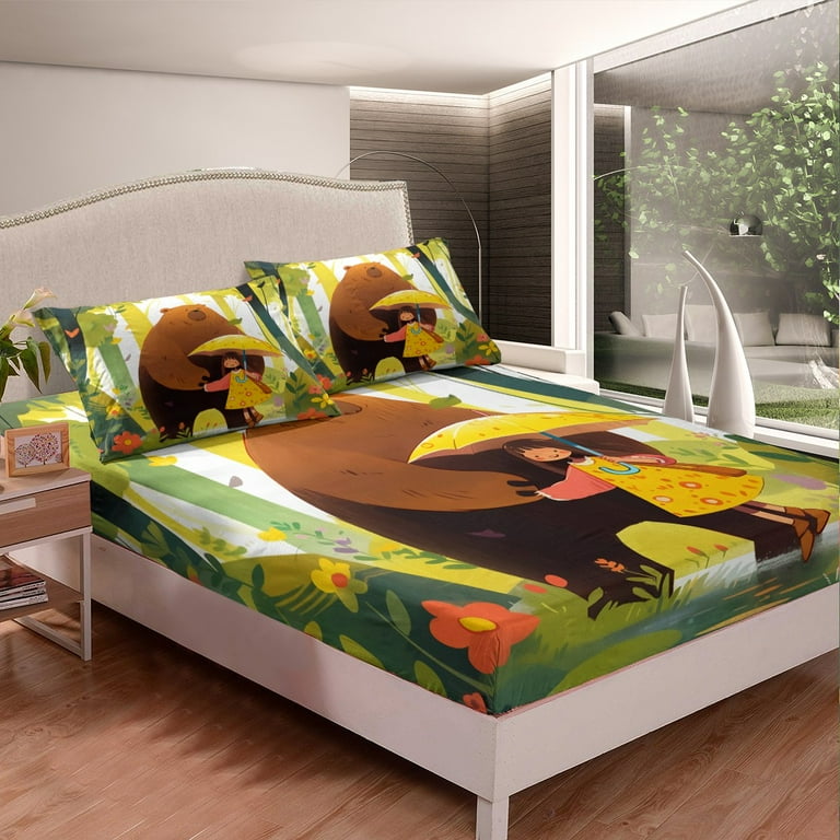 YST Queen Size Kids Bed Sheets Set for Baby Girl Gifts Cartoon Animal Sheets with Little Girl Umbrella Woodland Flowers Bear Illustration Sheet
