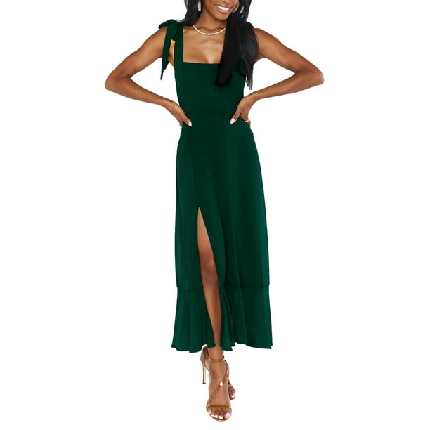 Sunloudy Vestido informal para mujer color solido doble lazo lateral parte inferior con tirantes abertura alta dobladillo con volantes vestido largo Sunloudy moda Walmart en linea