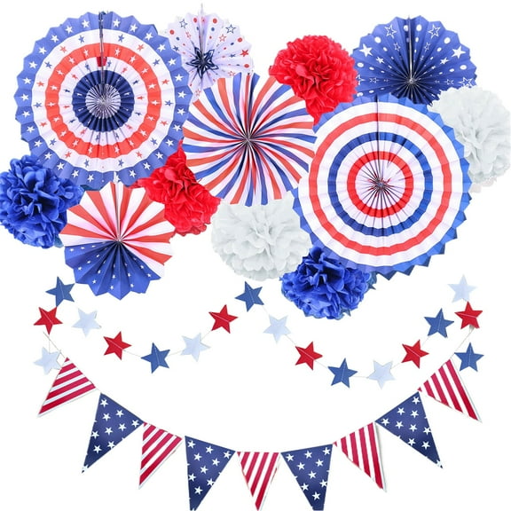 4th/Fourth of July Patriotic Decorations Set - Red White Blue Paper Fans,USA Flag Pennant,Star Streamer,Pom Poms,Hanging Swirls Party Decor Supplies(Set of 1, #A)