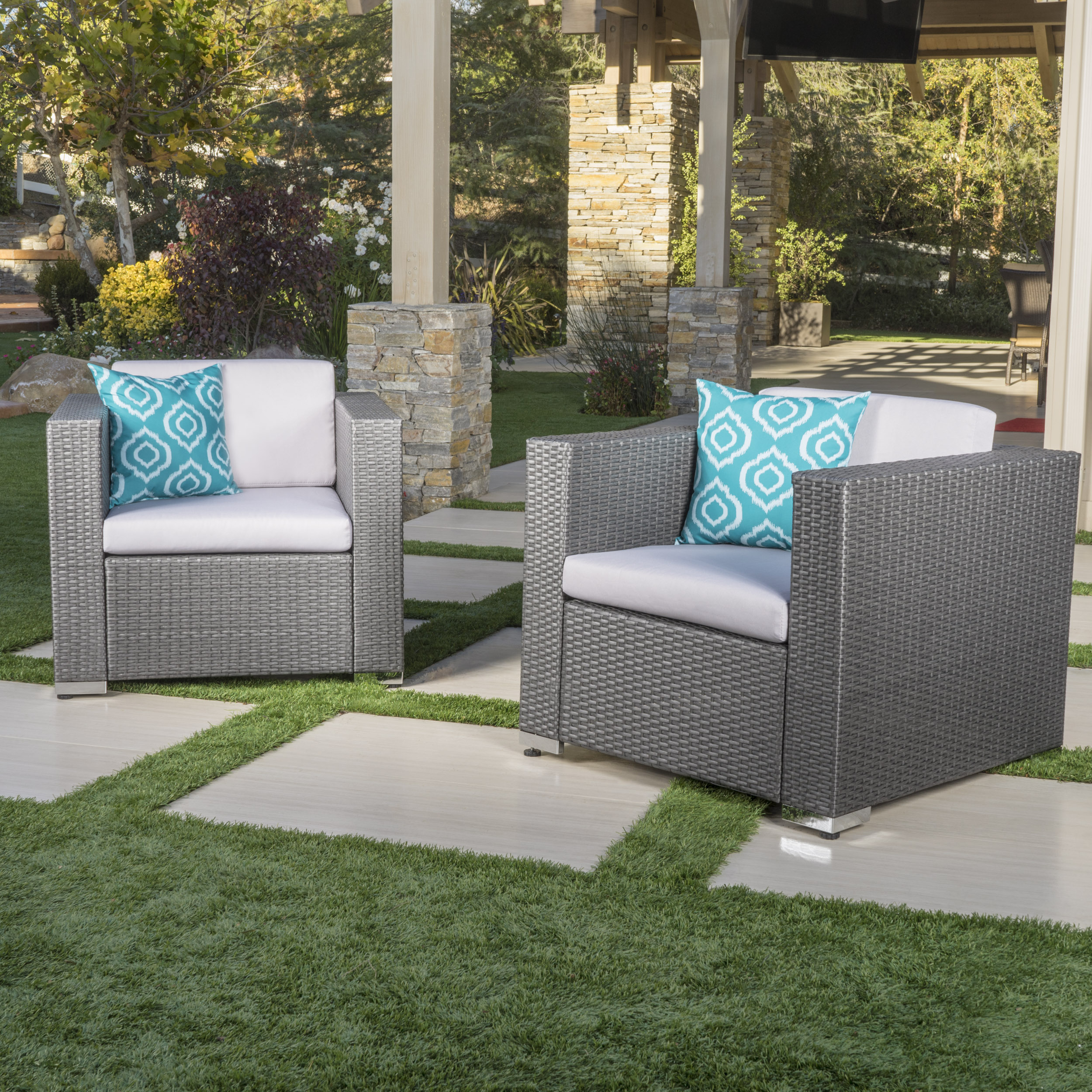 Verin Outdoor Wicker Club Chair with Water Resistant Fabric Cushions, Set of 2, Grey/ Silver - image 2 of 9