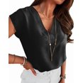 thumbnail image 2 of Women Tops Cap Sleeve Textured Dressy Casual V Neck Shirts Summer Business Work Blouses Outfits Black S, 2 of 8