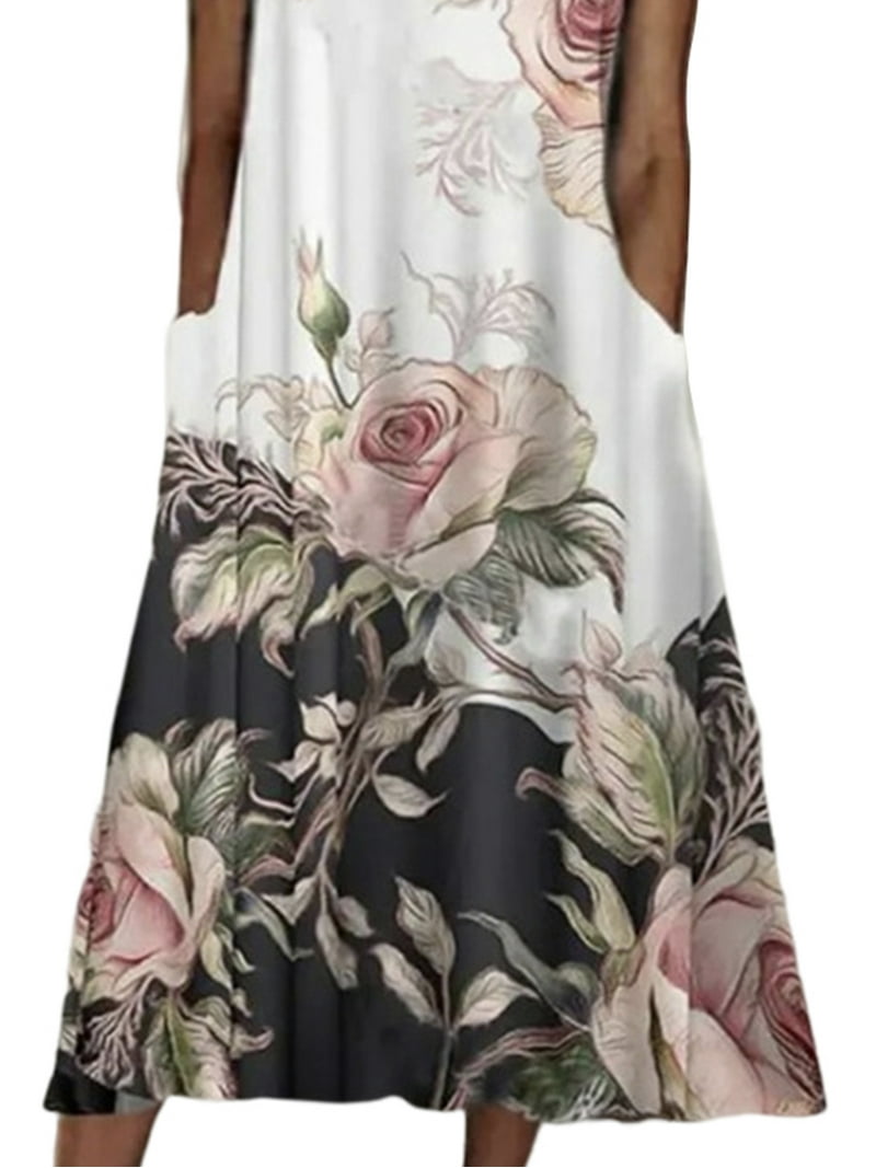 FASHIONWT Elegant Floral Print Summer Midi Knee-Length Pockets Women Jumper  Dress - Walmart.com