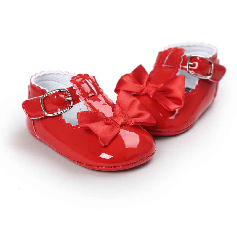 Maynos - Newborn Baby Girls Shoes PU Leather Bow Buckle First Walkers Soft Soles Non-slip
