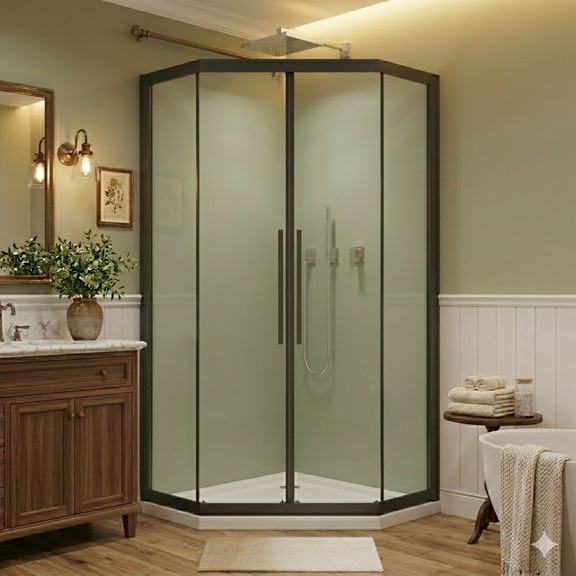 34.8-36"W x 72"H Neo-Angle Sliding Shower Enclosure, 1/4"(6mm) Clear Tempered Glass, Black