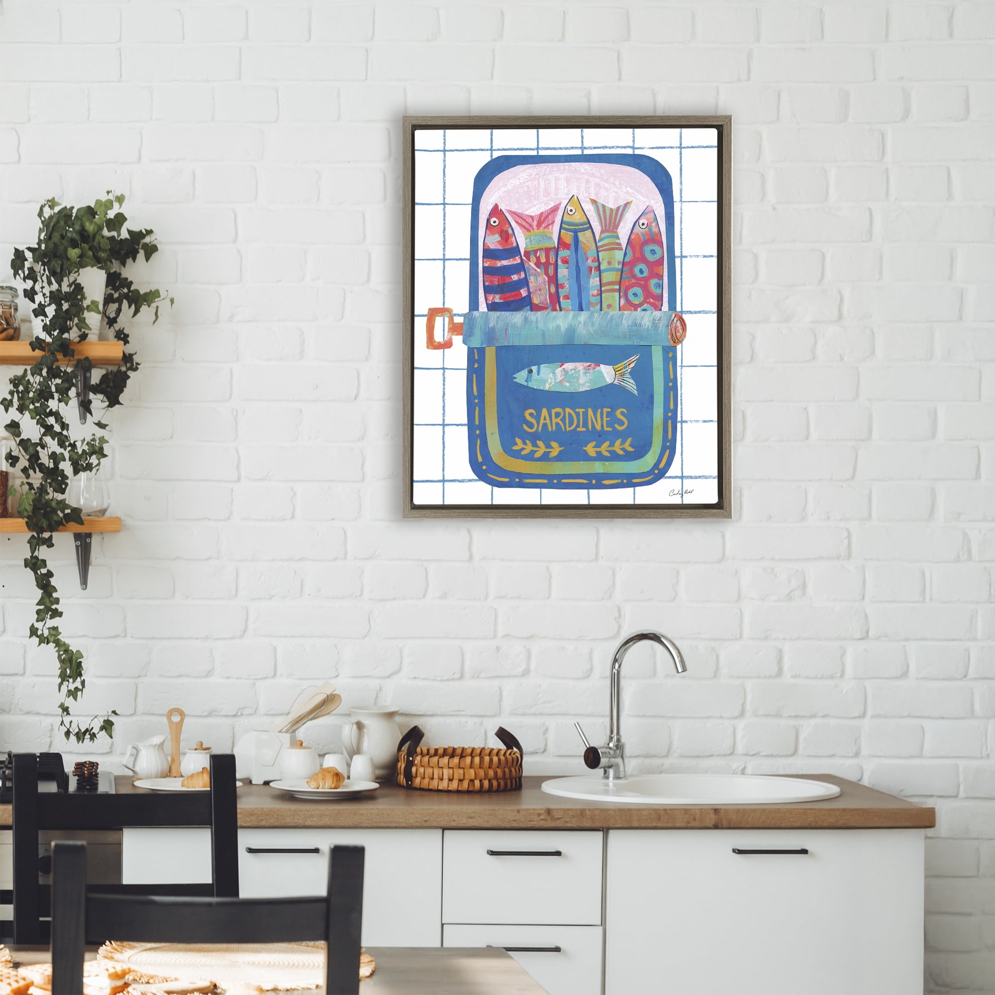 Stupell Industries Silly Sardines Blue Tin Brown Framed Floater Canvas Wall Art, design by Courtney Prahl