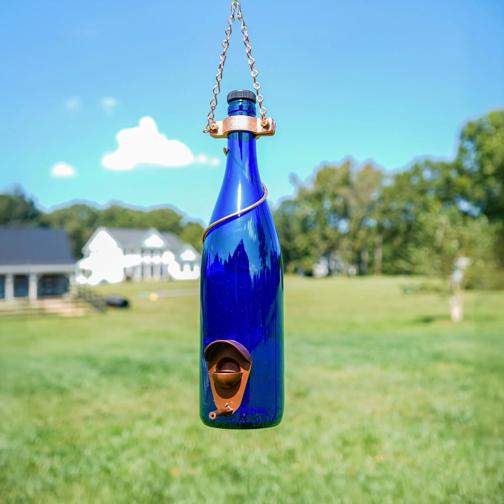 Blue Wine Bottle Bird Feeder with Copper Trim