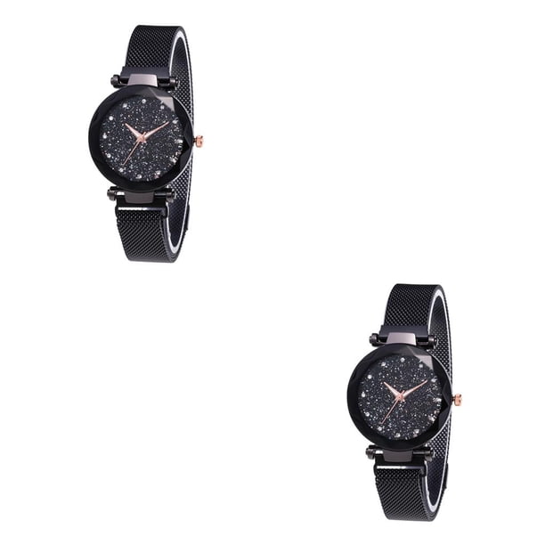 Guardurnaity Reloj de cuarzo con esfera de estrella Reloj de de metal de cuarzo analógico casual clásico para mujer con correa de acero negro 2piezas