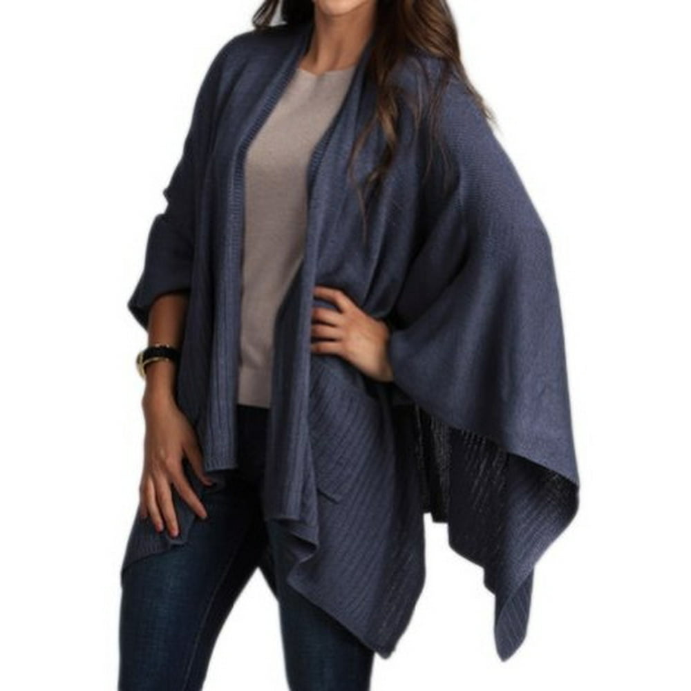 Chic Knitted Poncho Cape Shawl Wrap with Pockets, 3 Colors (indigo)