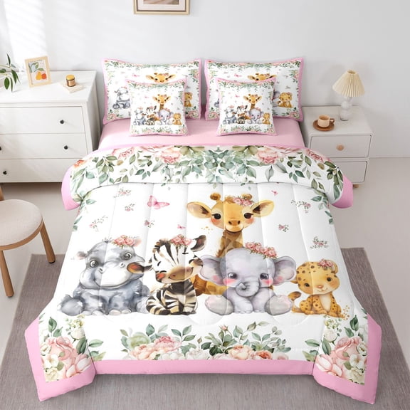 Homewish Elephant Zebra Giraffe Twin Bedding Sets 7-Piece for Preppy Children Teens,Chic Flowers Bedding Comforter Set Microfiber,Floral Jungle Animal Breathable Sheet Sets,Lightweight Room Decor