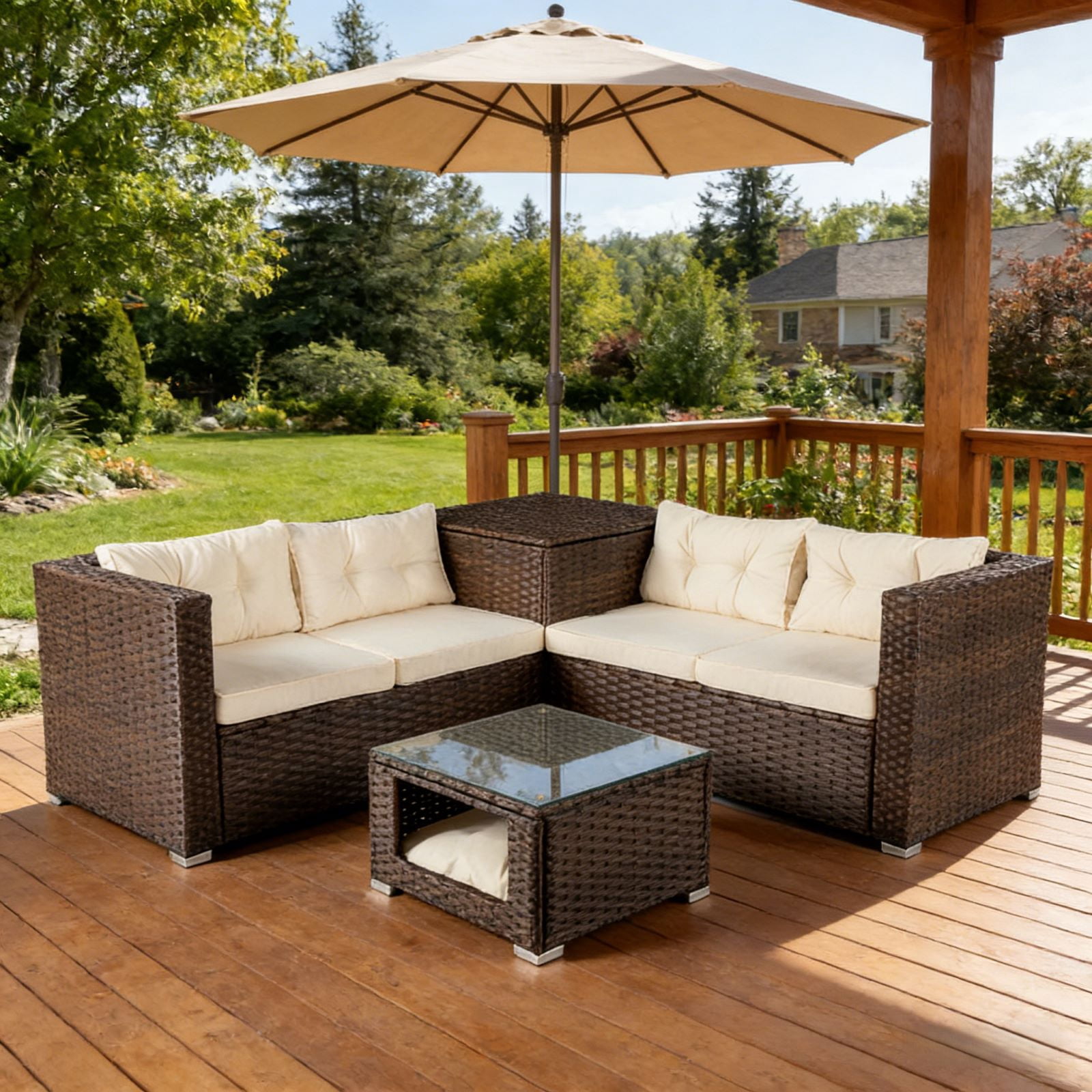 Ktaxon 4-Piece Patio Brown Rattan Sofa Set, 2 Loveseats with Storage & Pet Coffee Table, Beige Cushions, Boho Chic Living Room Furniture