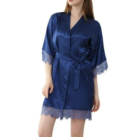 VONCOS Women s Satin Robe Sleepwear- Summer Sexy Sling Bathrobe Valentines Lingerie for Women Short Robes Dark Blue Size L
