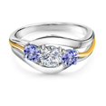 thumbnail image 3 of Gem Stone King 925 Sterling Silver and 10K Yellow Gold Round White Lab Grown Diamond and Blue Tanzanite 3 Stone Ring for Women (1.10 Cttw, Size 5), 3 of 6