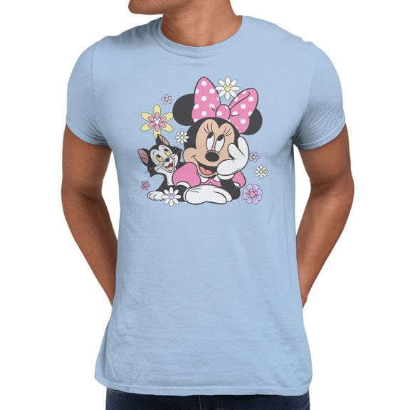 Disney Minnie Mouse Men's Cat Flowers T-Shirt (Light Blue, S-XXXL)