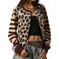 thumbnail image 3 of Women's Leopard Print Striped Patchwork Button Front Cropped Knit Cardigan Dark Brown M, 3 of 10