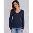 thumbnail image 4 of Women Long Sleeve Cable Knit Sweater Fall Fashion V Neck Fitted Pullover Business Casual Fall Outfits Navy Blue L, 4 of 8