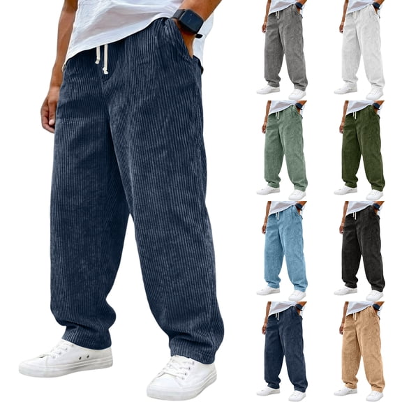 ENCCRWIN Men's Vintage Corduroy Pants, Elastic Drawstring Waist, Loose Straight Leg for Casual Wear, Daily Use, and Light Outdoor Activities,Black L