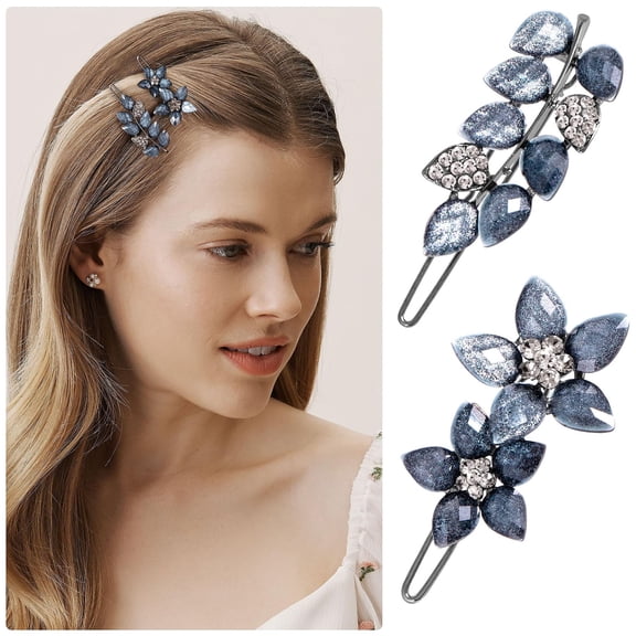 2Pcs 2inch Vintage Rhinestone Hair Clips Ink-Blue Sparkly Crystal Clips Flower Small Hair Barrettes Decorative Wedding Engagement Prom Valentines Hair Accessories for Women