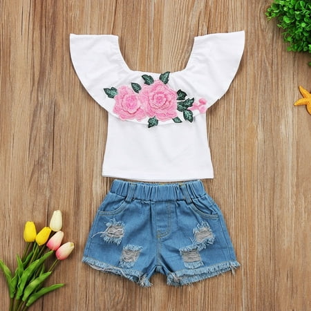 

Hot Toddler Kids Baby Girls Flower Tops Denim Shorts Pants 2pcs Clothes Outfits Set