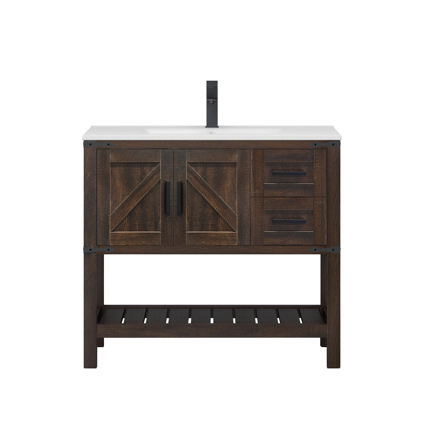 ELECWISH 36" Bathroom Vanity with Sink Combo, Rustic Farmhouse Vanity Cabinet with Ceramic Under Mount Sink, Faucet and Pop Up Drain Set, Two Sliding Drawers and Open Shelf, Rustic Brown​​