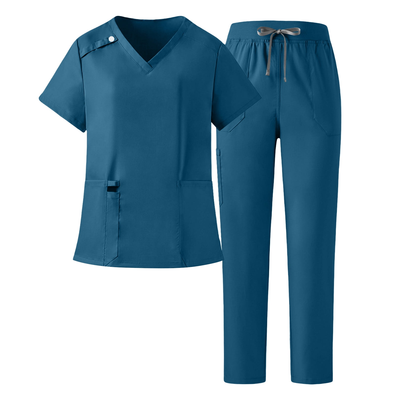 BiZtdJrK Womens Two Piece Medical Scrub Set Stretchy V Neck Short Sleeve Scrub Tops Elastic Long Scrub Pants with Pockets Navy S
