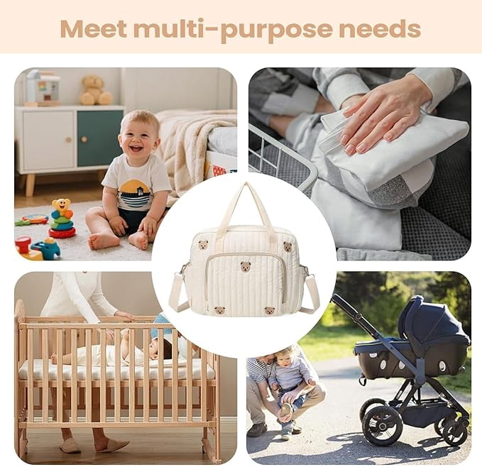Bear-Shaped Diaper Tote Bag - Cute Travel Diaper Bag with Zippered Pockets, Spacious Hospital Maternity Tote for Mom & Dad, Baby Storage Organizer for Wet Wipes, Clothes & Essentials  P
