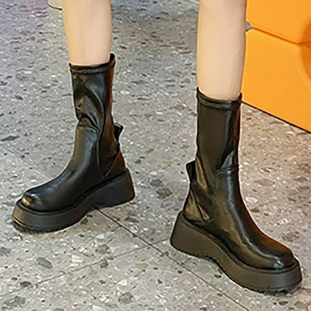 

ERTUTUYI Women Slip On Retro Fashion Thick Sole Leather Boot Black 37