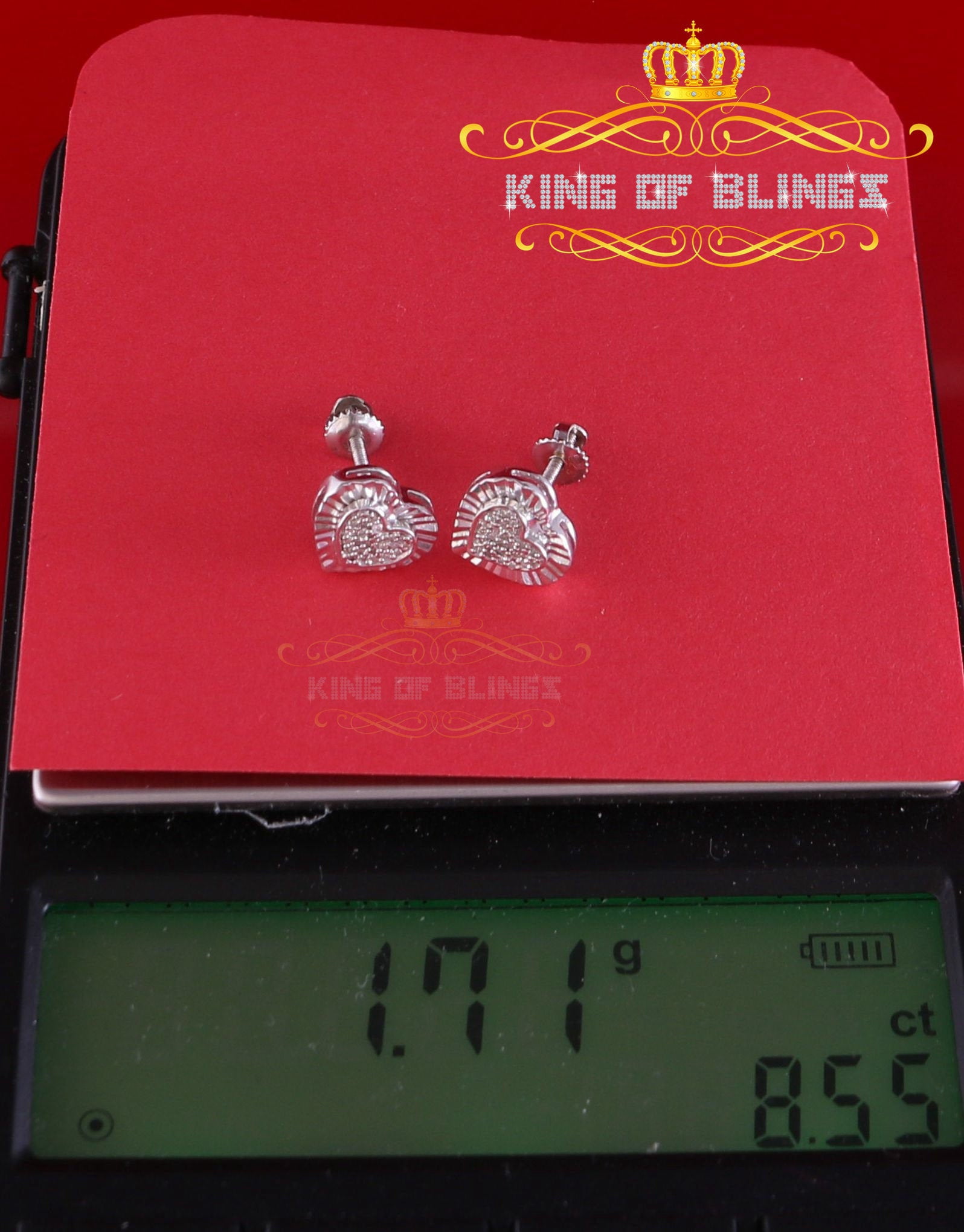 King of Bling's Aretes Para Hombre Heart 925 White Silver 0.15ct Diamond Women's Stud Earring