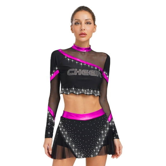iiniim Womens 2 Piece Long Sleeve Cheerleading Outfits Crop Tops With Dance Skirt For Rave Dancewear Hot Pink XL