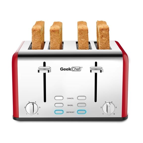 Geek chef 4 Slice Toaster Extra-Wide Slots Stainless Steel Browning Control Defrost RED USA