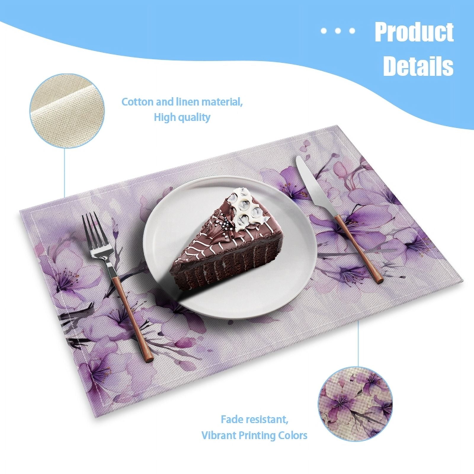BaHomeck placemats Set of 4 Purple Cherry Blossoms With Delicate Brush Strokes Against White Background Cotton Linen rectangle Placemats for Kitchen Dining Table Indoor,Outdoor,18*12inch